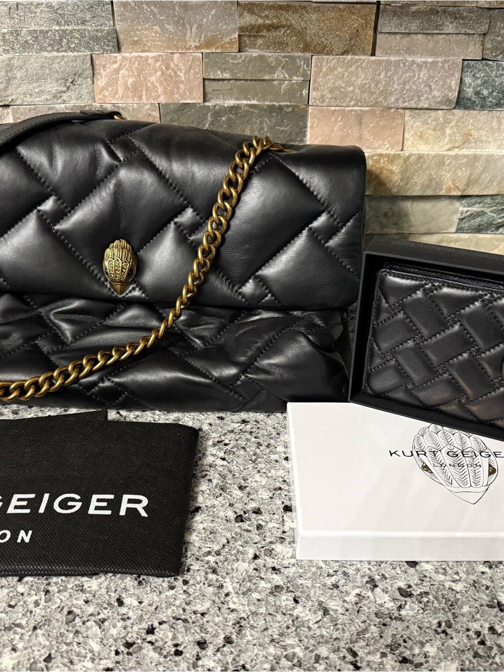 Kurt Geiger Black Quilted Leather Shoulder Bag with Gold Chain